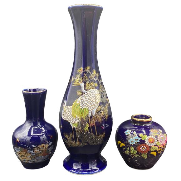 Unbranded Other - Vtg set of 3 Japanese Mini Vases Porcelain Cobalt Hand painted Peacock Oriental